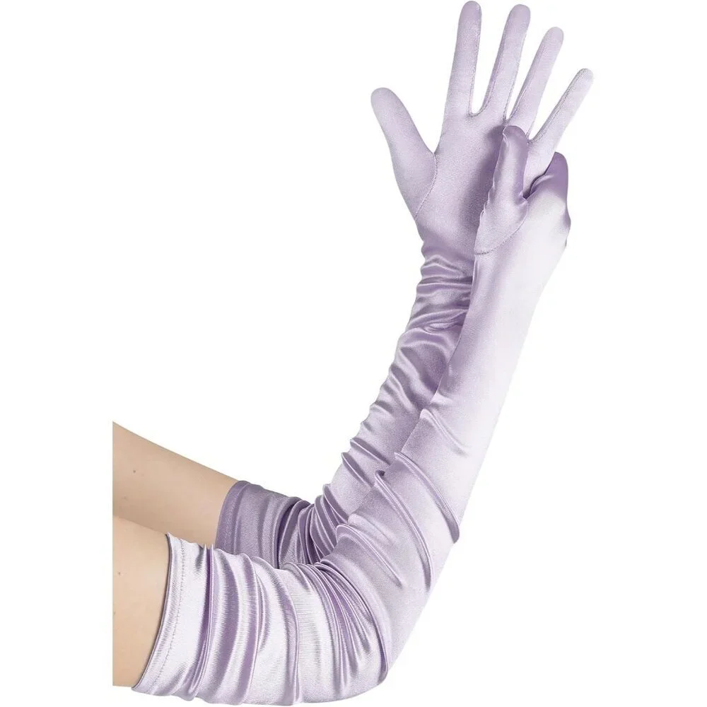 Women's Long Satin Gloves Light Purple Stretchy Upper Arm Length Costume Design
